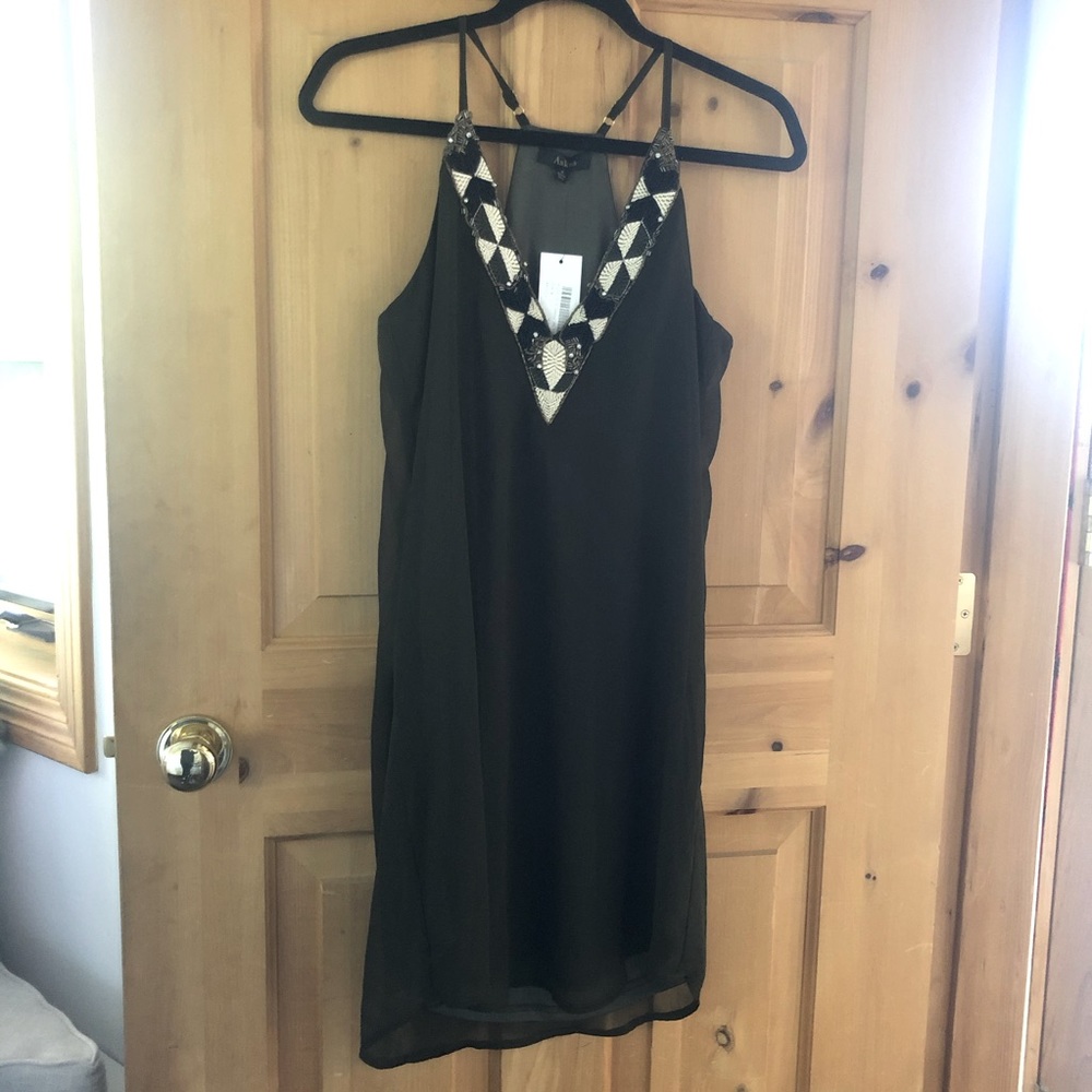 Aakaa Olive Green Beaded Neckline Cocktail Dress